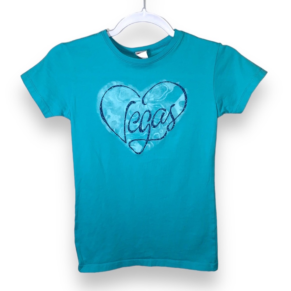 Vegas Girl Blue Graphic Tee Girls Size Small Cotton Short Sleeve Shirt